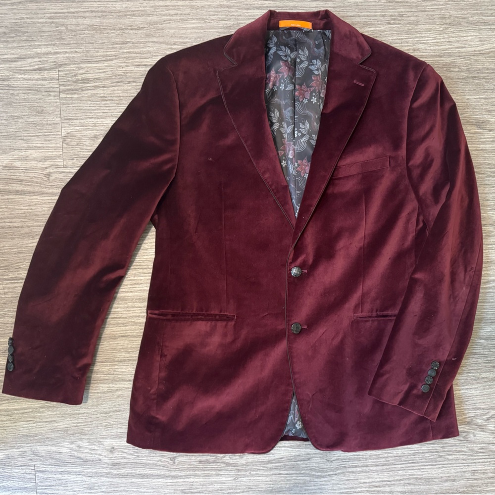 Tallia Men’s Velvet Blazer | Deep Burgundy | Dragon Lining | Size M
